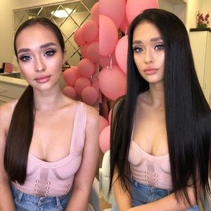 NEW 21” long black straight human hair wig layers